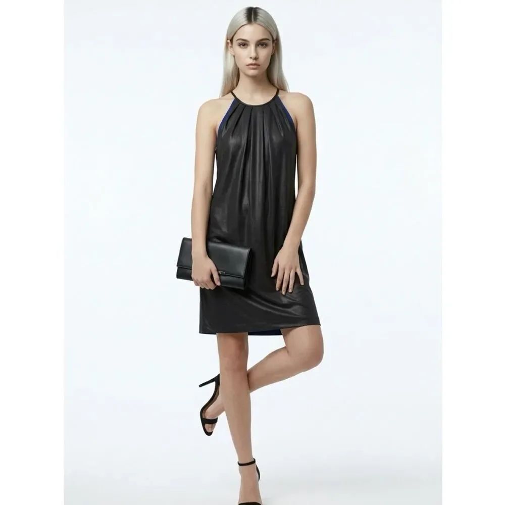 JAY GODFREY | Black Faux Leather Look Mini Dress Blue Lining Women’s Size 4